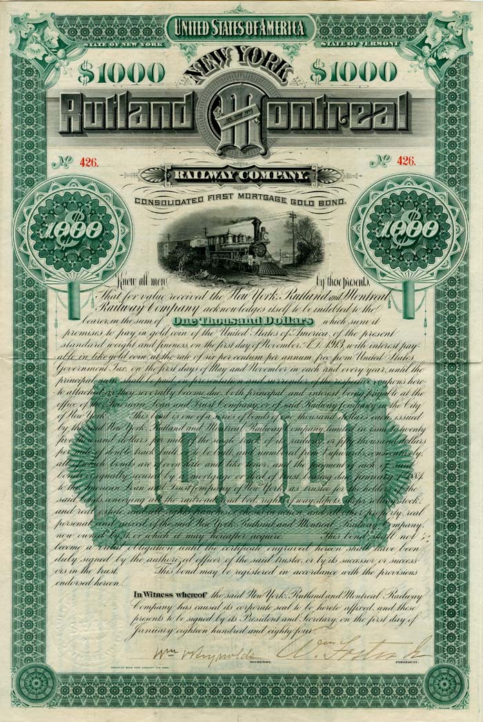 New York, Rutland and Montreal Railway Co. - 1884 dated Vermont, New York and Canada $1,000 Railroad Bond